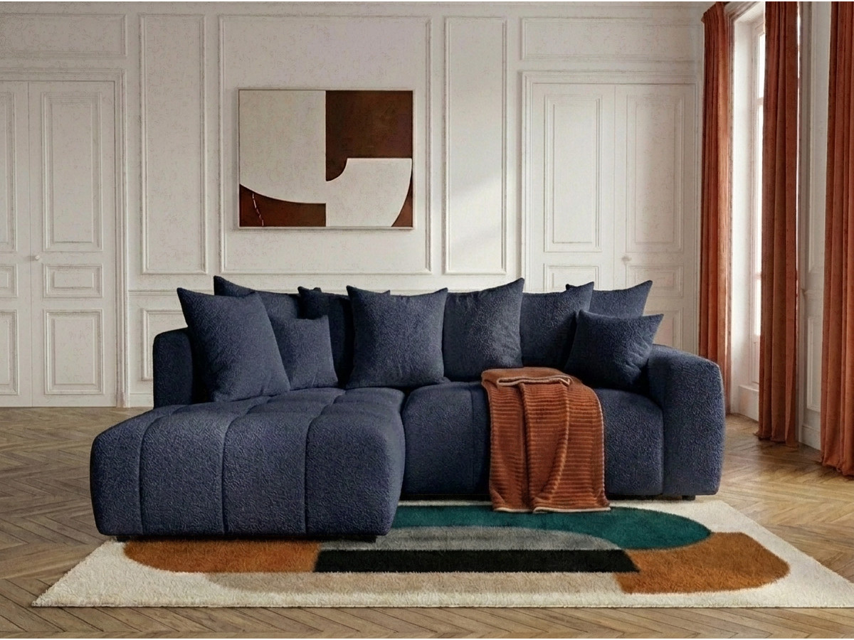 Bobochic Roxelane Ecksofa mit Schlaffunktion und Bettkasten Bouclé-Stoff Dunkelblau Ecke links