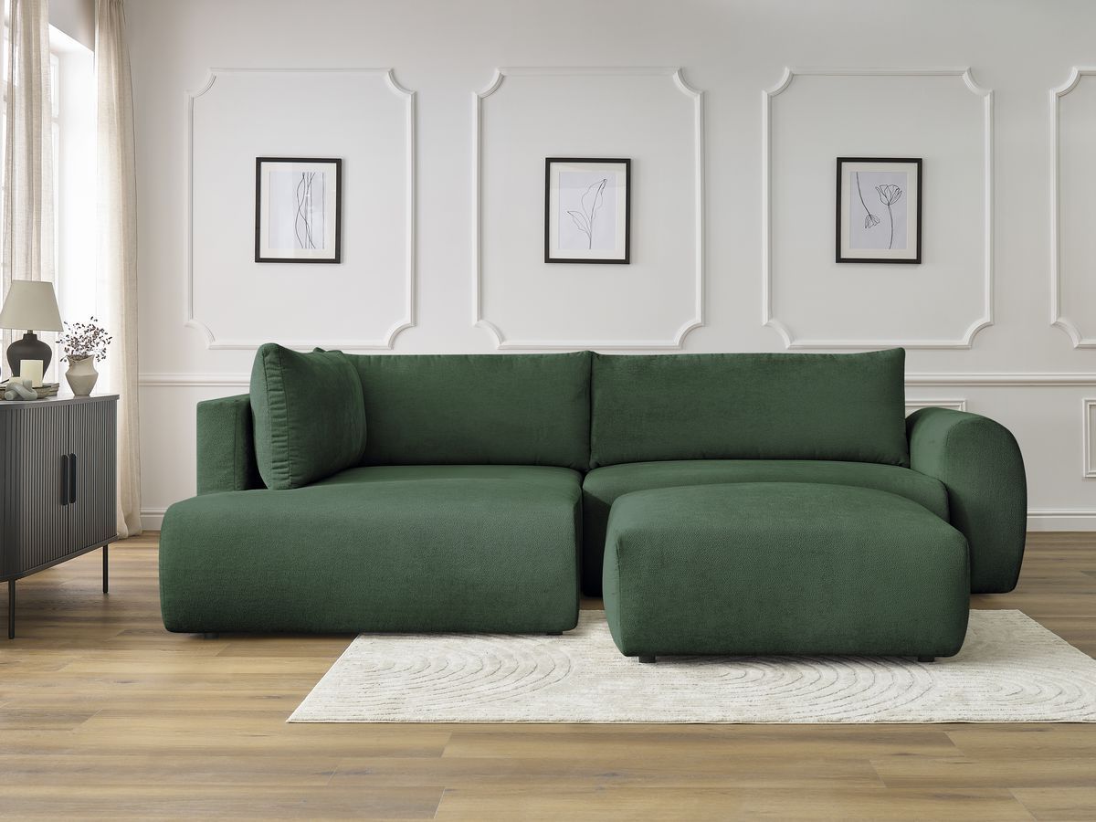 Bobochic Lucien Ecksofa mit Schlaffunktion und Bettkasten und Pouf 296 × 198 cm Stoff Grün Ecke links