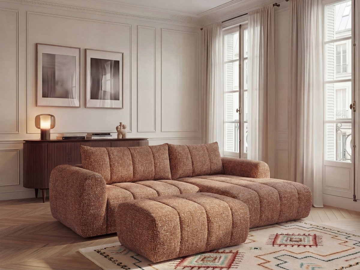 Bobochic Nesty Ecksofa 272 cm mit Pouf Melange-Stoff Orange Ecke rechts