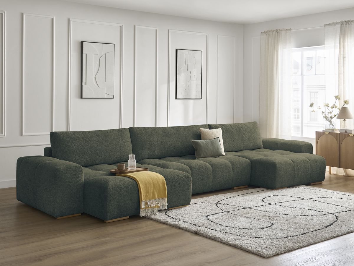 Bobochic Anakin Wohnlandschaft, Liegefläche 137 × 382 cm, 3 Kissen Bouclé-Stoff Grün