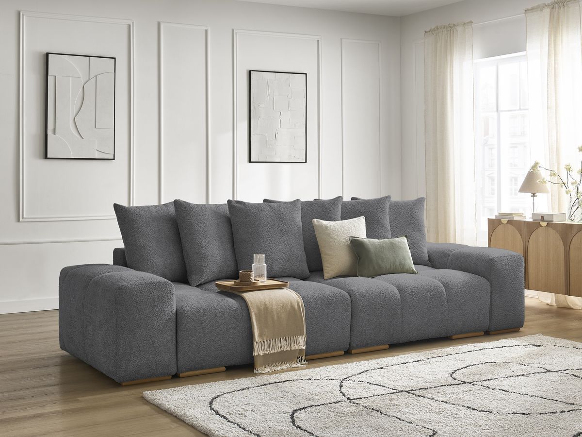 Bobochic Anakin Sofa 3-Sitzer, 6 Kissen Bouclé-Stoff Dunkelgrau