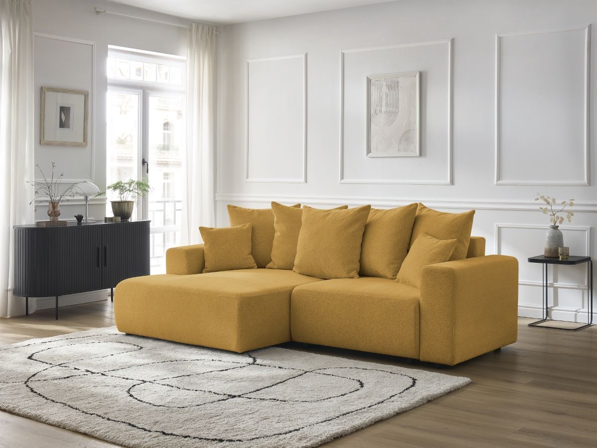 Bobochic Atilla Ecksofa mit Schlaffunktion und Bettkasten Melange-Stoff Gelb Ecke links
