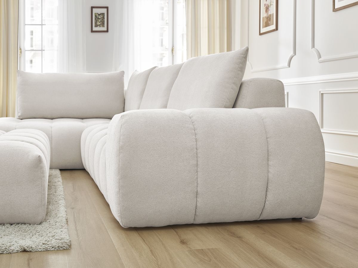 Bobochic Everest Ecksofa mit Schlaffunktion und Pouf, 4 Kissen Strukturstoff Weiß Ecke links