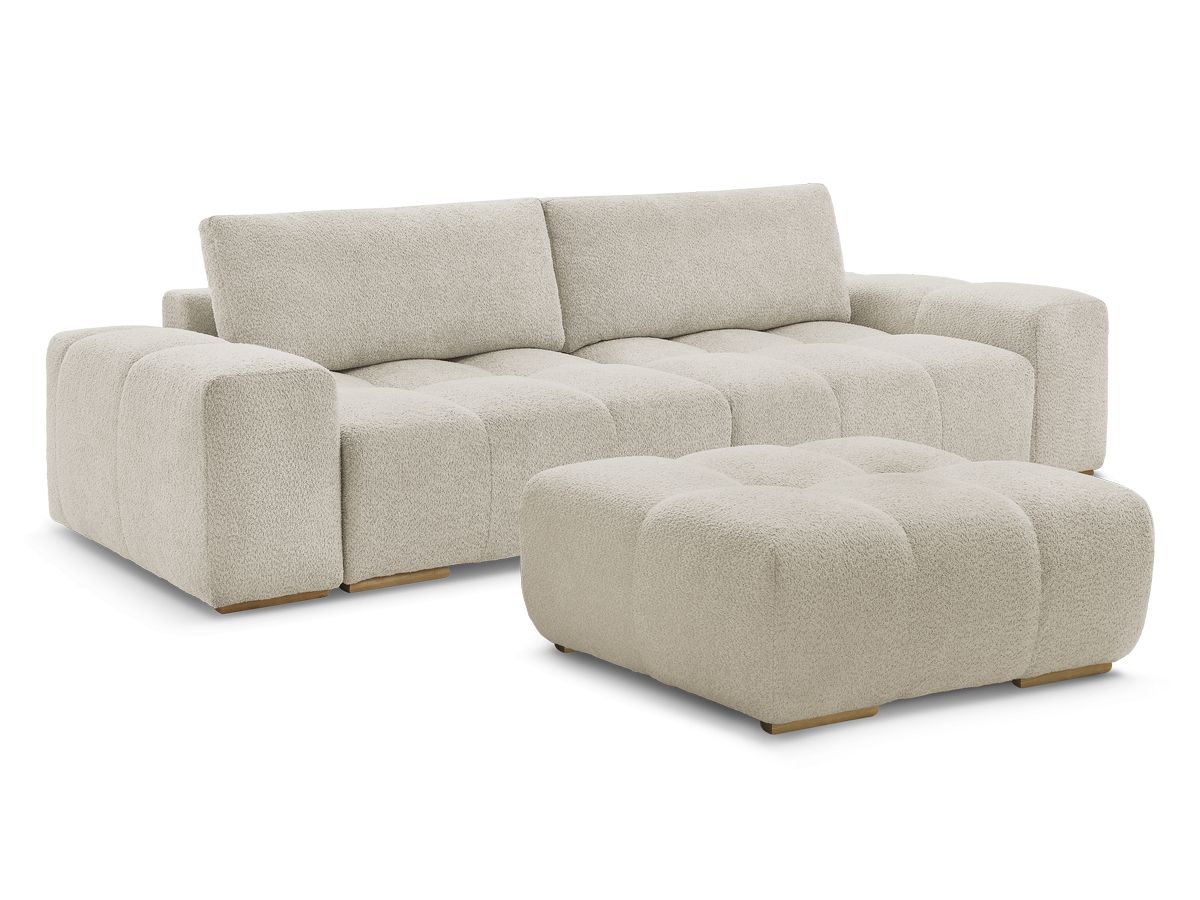 Bobochic Anakin Schlafsofa 3-Sitzer mit Bettkasten und Pouf, 2 Kissen Bouclé-Stoff Beige