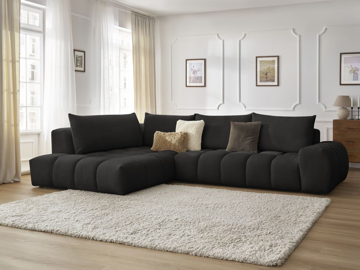 Bobochic Everest Ecksofa, 4 Kissen Strukturstoff Schwarz Ecke links