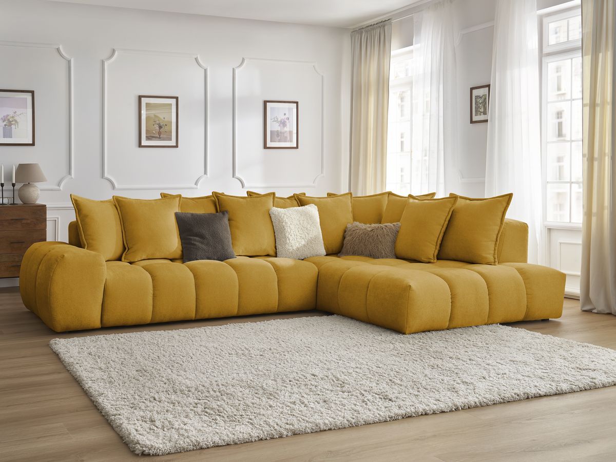 Bobochic Everest Ecksofa, 10 Kissen Strukturstoff Gelb Ecke rechts