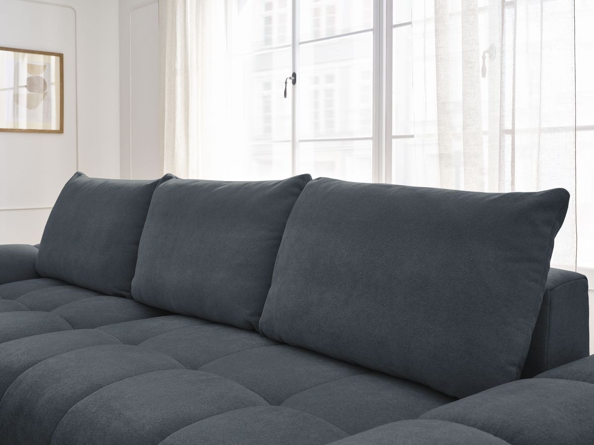 Bobochic Everest Ecksofa mit Schlaffunktion und Bettkasten 318 × 180 cm, 3 Kissen Strukturstoff Dunkelblau Ecke links