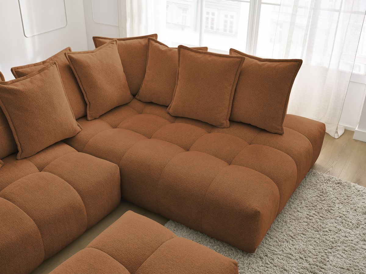 Bobochic Everest Ecksofa mit Schlaffunktion und Bettkasten und Pouf 320 × 212 cm, 10 Kissen Melange-Stoff Orange Ecke rechts