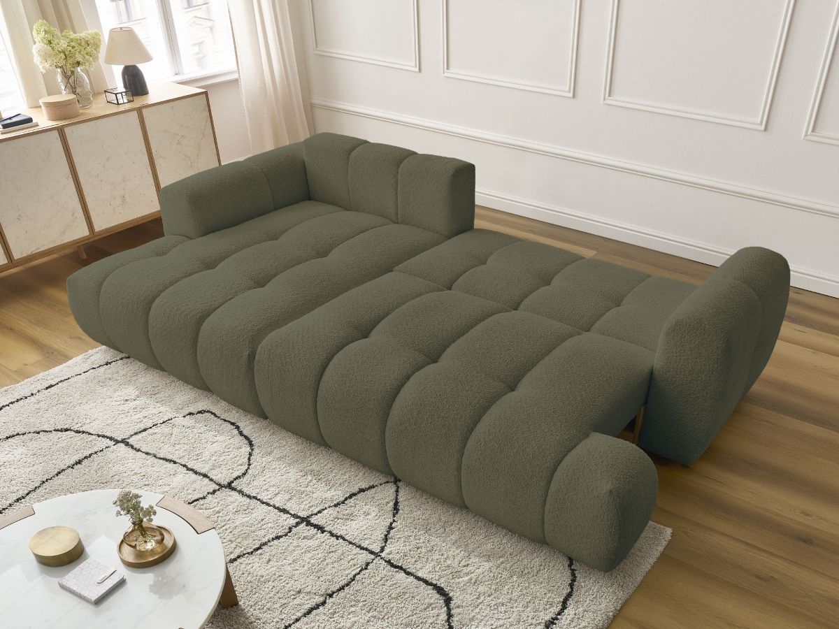 Bobochic Fuji Ecksofa mit Schlaffunktion und Bettkasten 292 × 160 cm Bouclé-Stoff Grün Ecke links