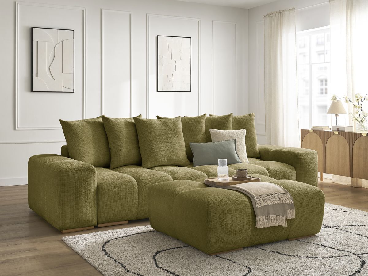 Bobochic Anakin Schlafsofa 3-Sitzer mit Bettkasten und Pouf, 6 Kissen Strukturstoff Grün