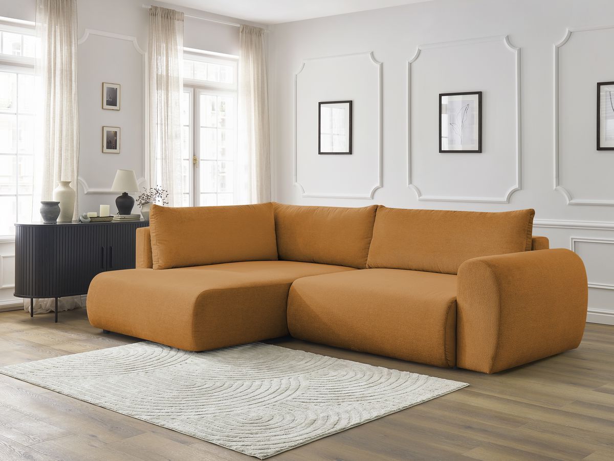 Bobochic Lucien Ecksofa mit Schlaffunktion und Bettkasten 296 × 198 cm Stoff Gelb Ecke links