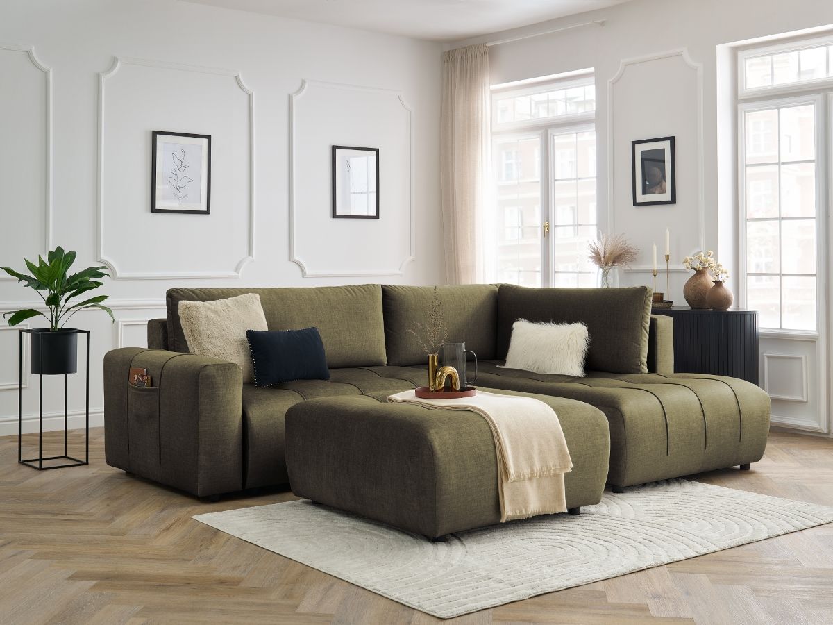 Bobochic Arsene Ecksofa mit Schlaffunktion und Bettkasten und Pouf 277 × 200 cm Samt Grün Ecke rechts