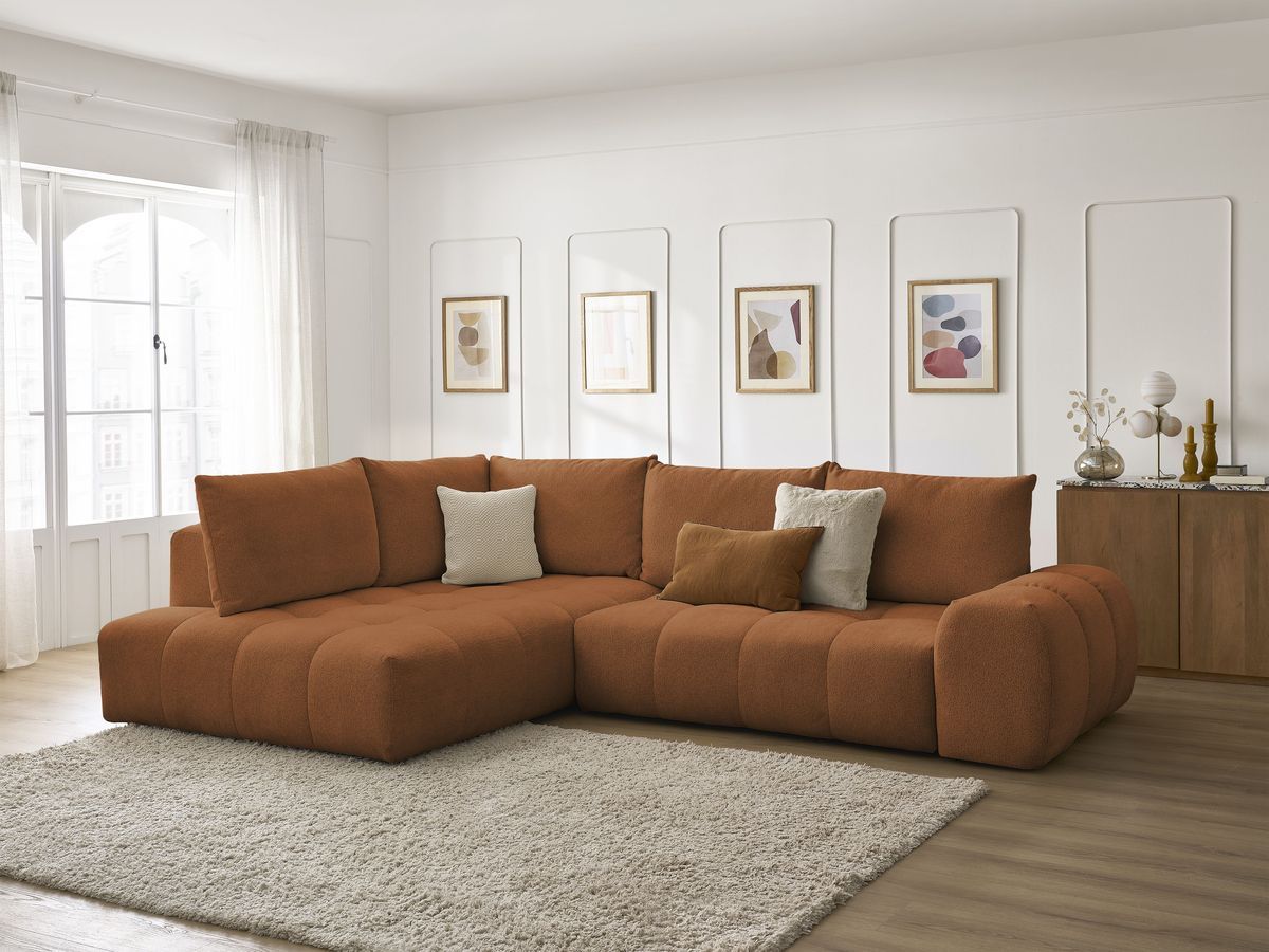Bobochic Everest Ecksofa mit Schlaffunktion und Bettkasten 320 × 212 cm, 5 Kissen Melange-Stoff Orange Ecke links