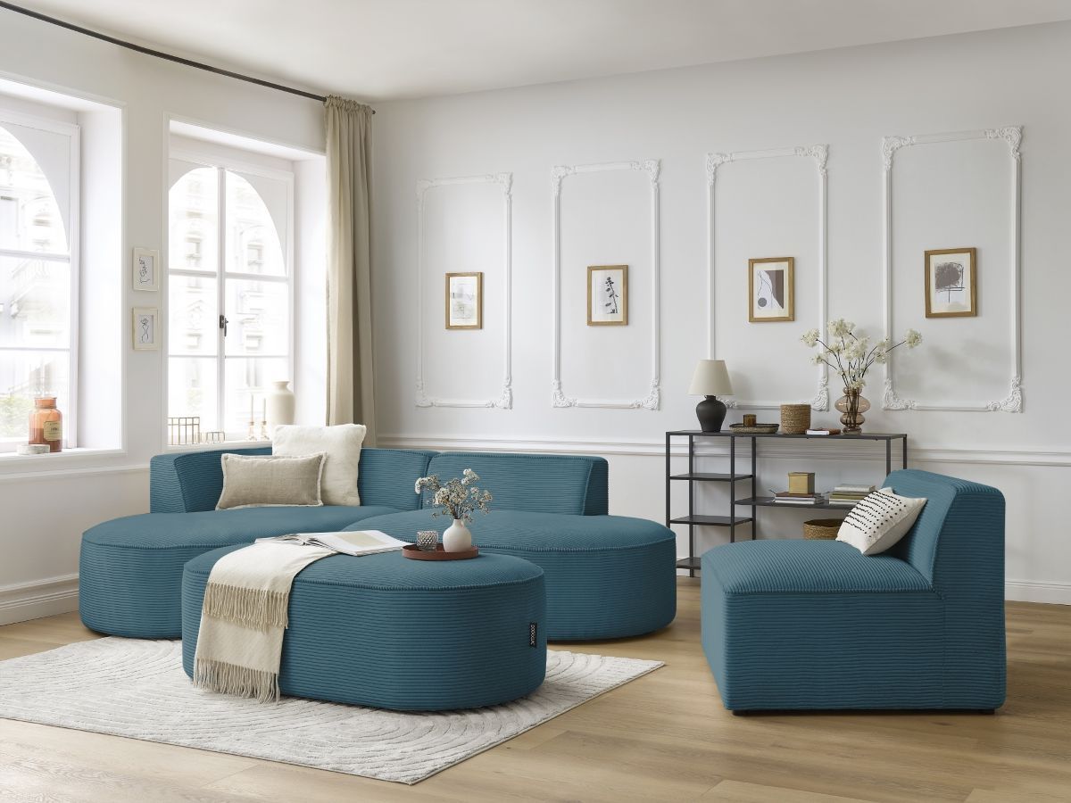 Bobochic Rousseau Ecksofa mit Sofamodul und Pouf Cordsamt Dunkelblau Ecke links