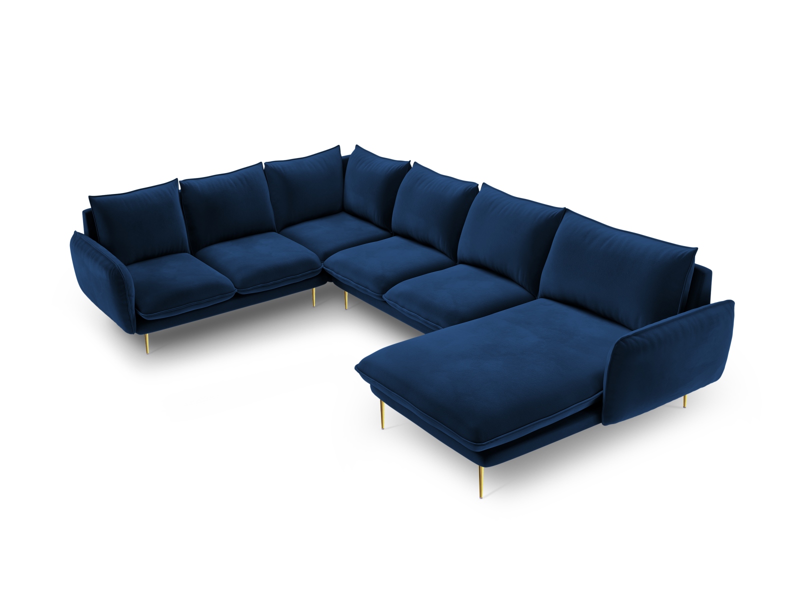 Cosmopolitan Design Panoramasofa Vienna 7-Sitzer Samt Bluvel Königsblau Links Beine Gold