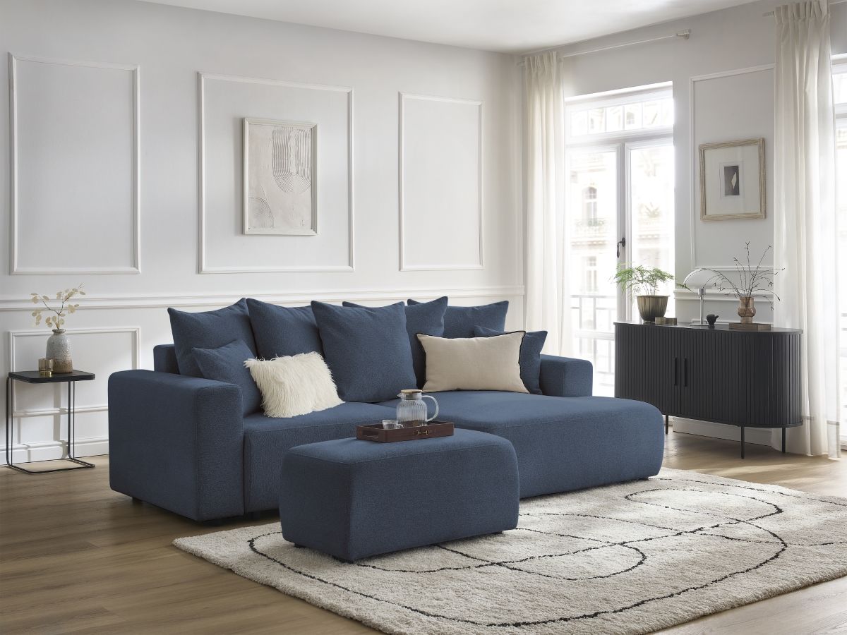Bobochic Atilla Ecksofa mit Schlaffunktion und Bettkasten und Pouf Melange-Stoff Blau Ecke rechts