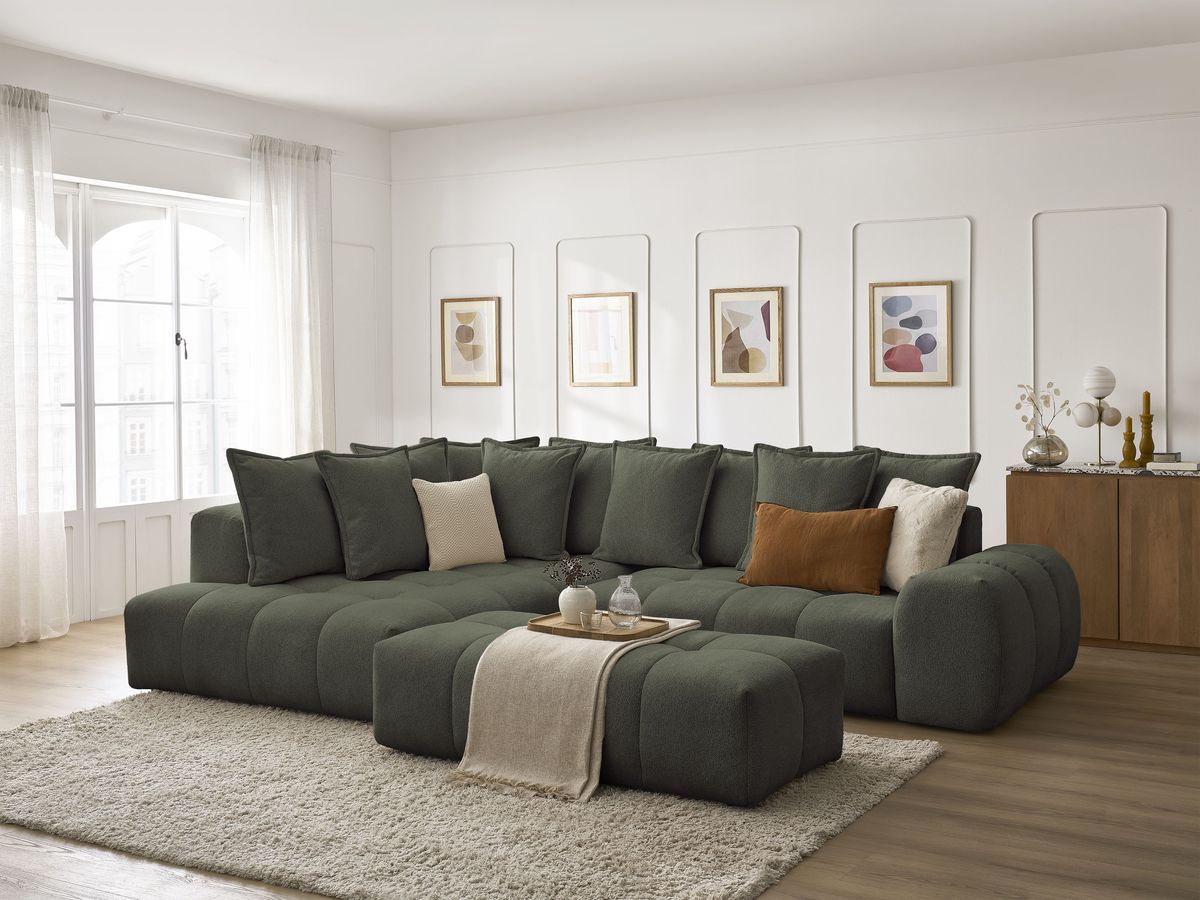 Bobochic Everest Ecksofa mit Schlaffunktion und Bettkasten und Pouf 320 × 212 cm, 10 Kissen Melange-Stoff Grün Ecke links