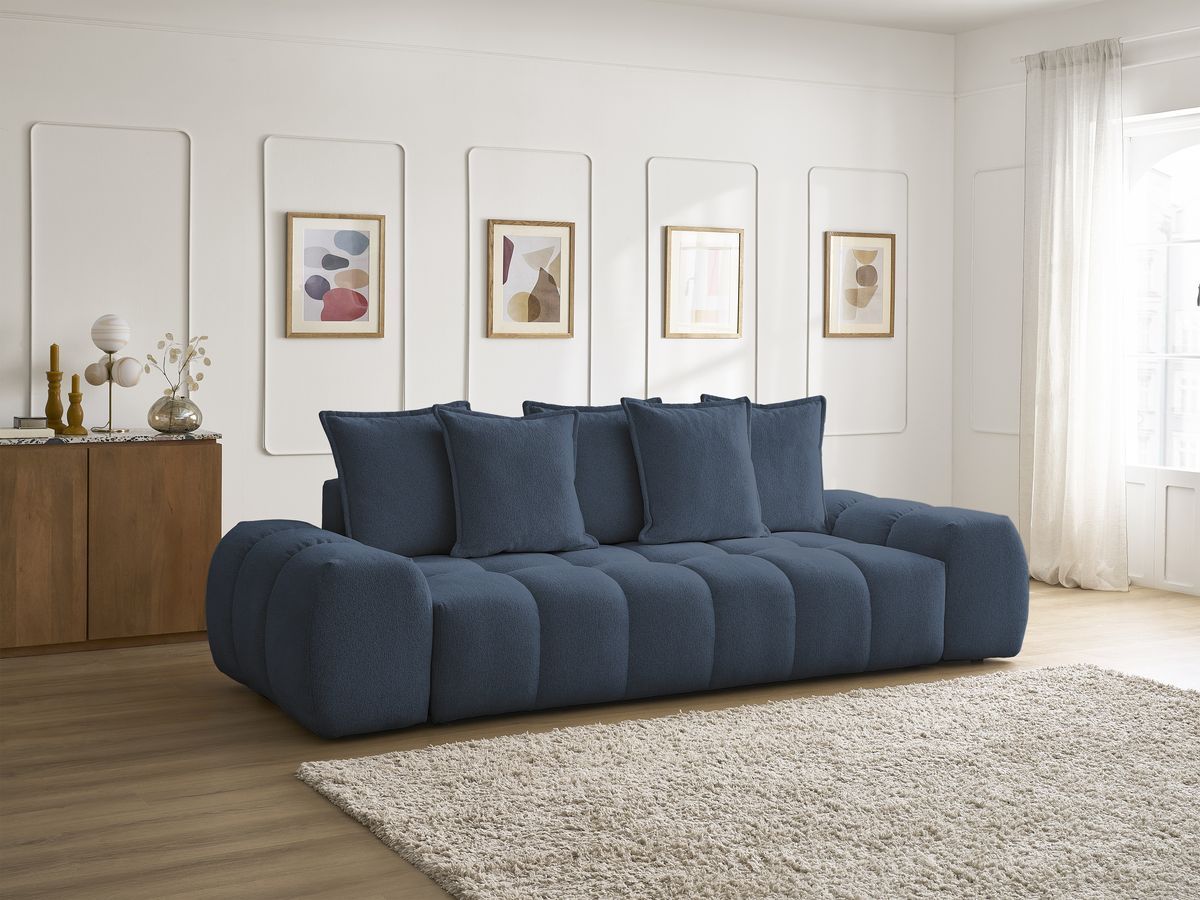 Bobochic Everest Schlafsofa 3-Sitzer mit Bettkasten, 5 Kissen Melange-Stoff Dunkelblau