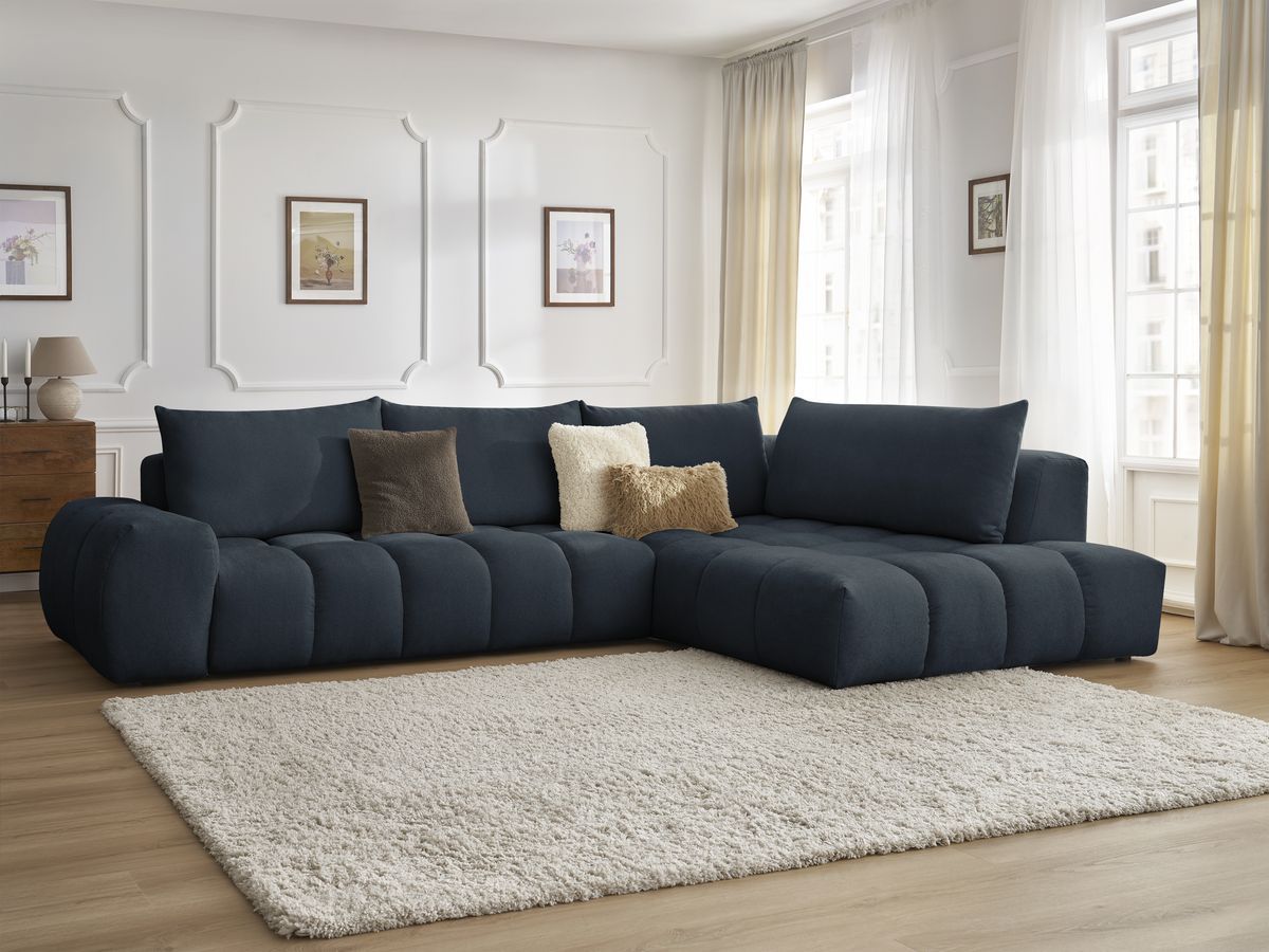 Bobochic Everest Ecksofa, 4 Kissen Strukturstoff Dunkelblau Ecke rechts