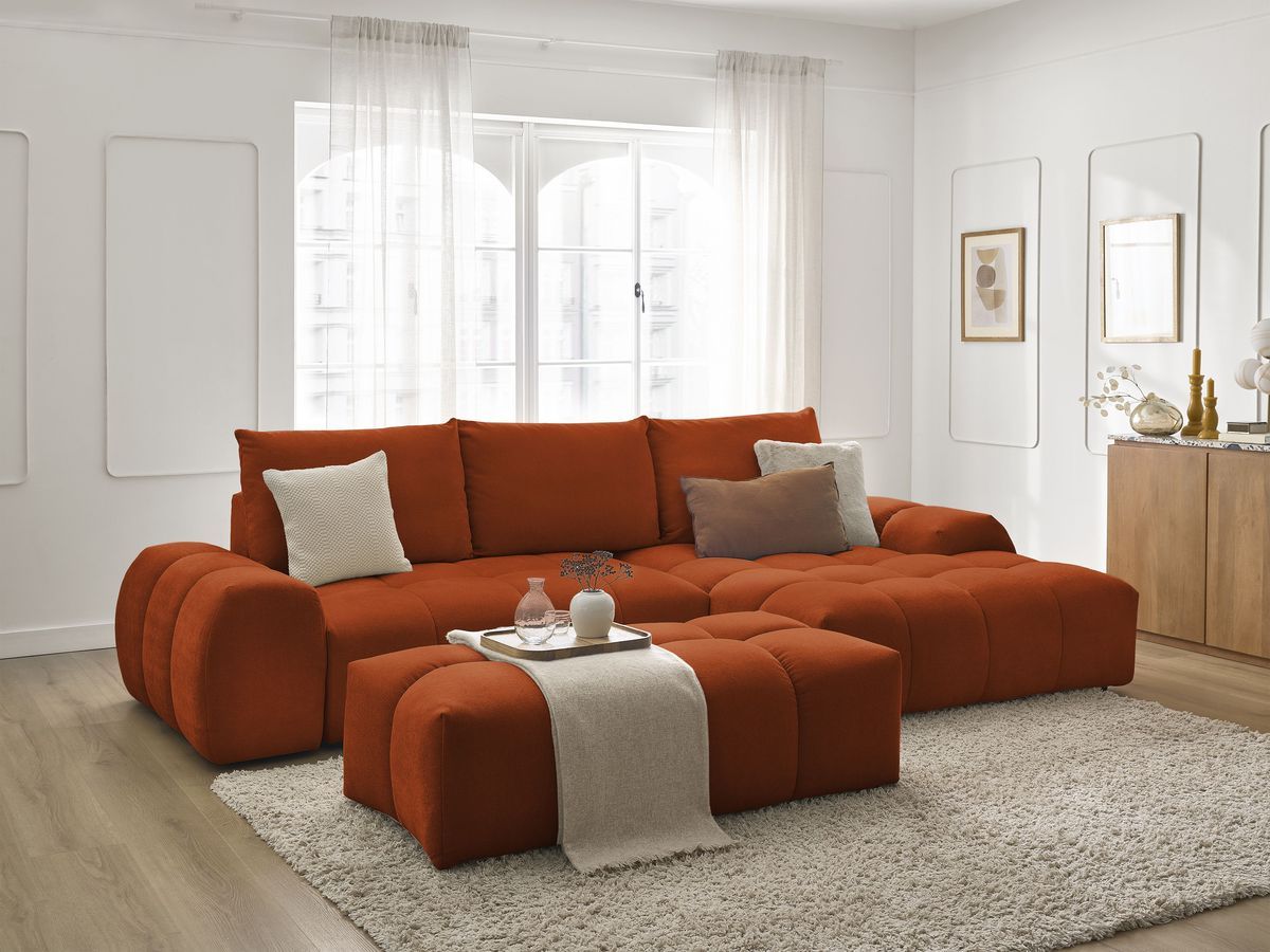 Bobochic Everest Ecksofa mit Schlaffunktion und Bettkasten und Pouf 318 × 180 cm, 3 Kissen Strukturstoff Orange Ecke rechts