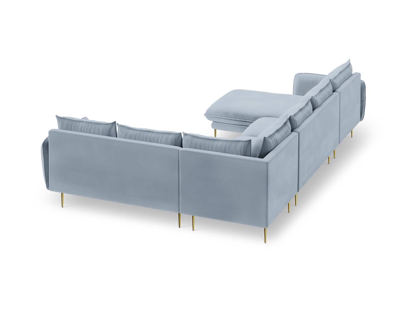 Cosmopolitan Design Panoramasofa Vienna 7-Sitzer Samt Bluvel Hellblau Rechts Beine Gold