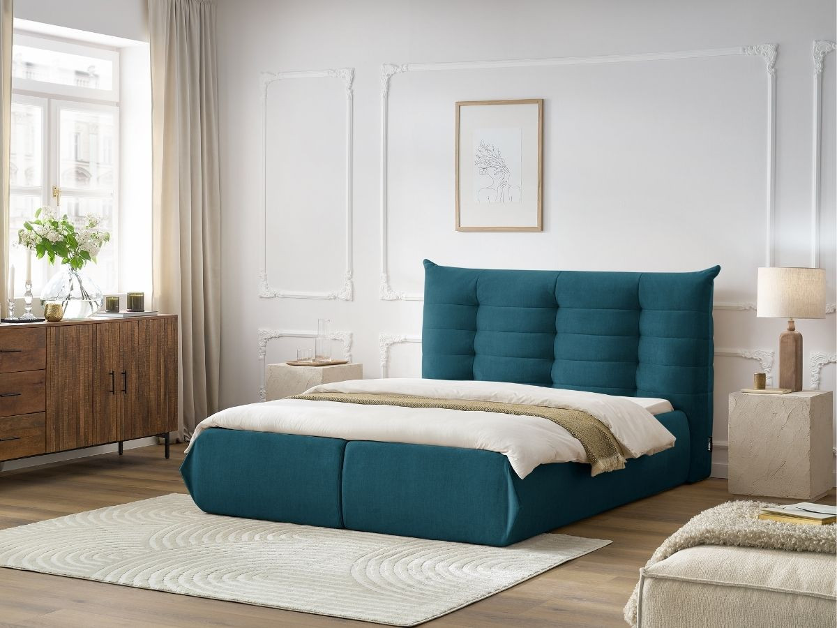 Bobochic Clothilde Polsterbett mit Bettkasten Samt Blau, Liegefläche 160 × 200 cm