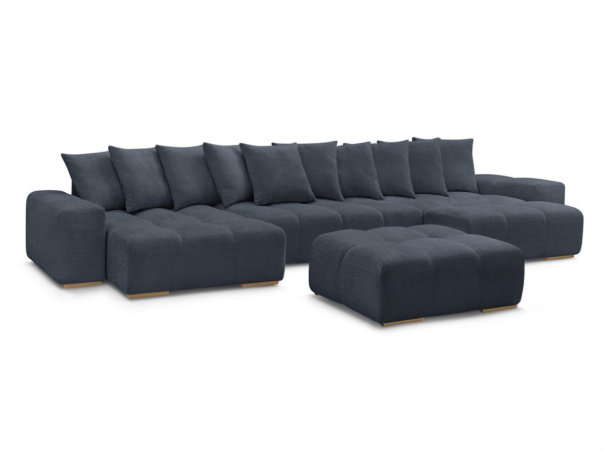 Bobochic Anakin Wohnlandschaft mit Pouf, Liegefläche 137 × 382 cm, 10 Kissen Strukturstoff Dunkelblau