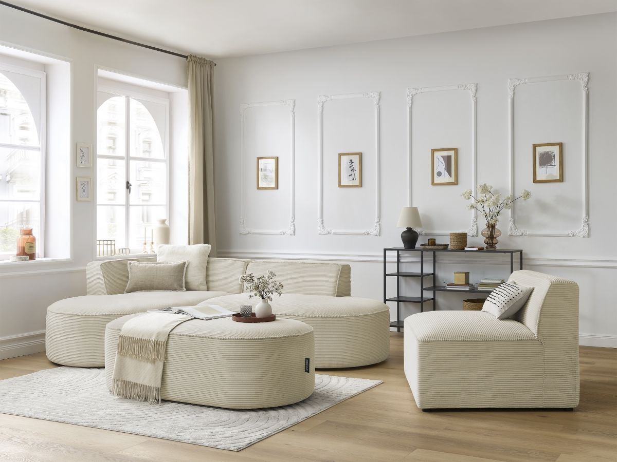 Bobochic Rousseau Ecksofa mit Sofamodul und Pouf Cordsamt Beige Ecke links