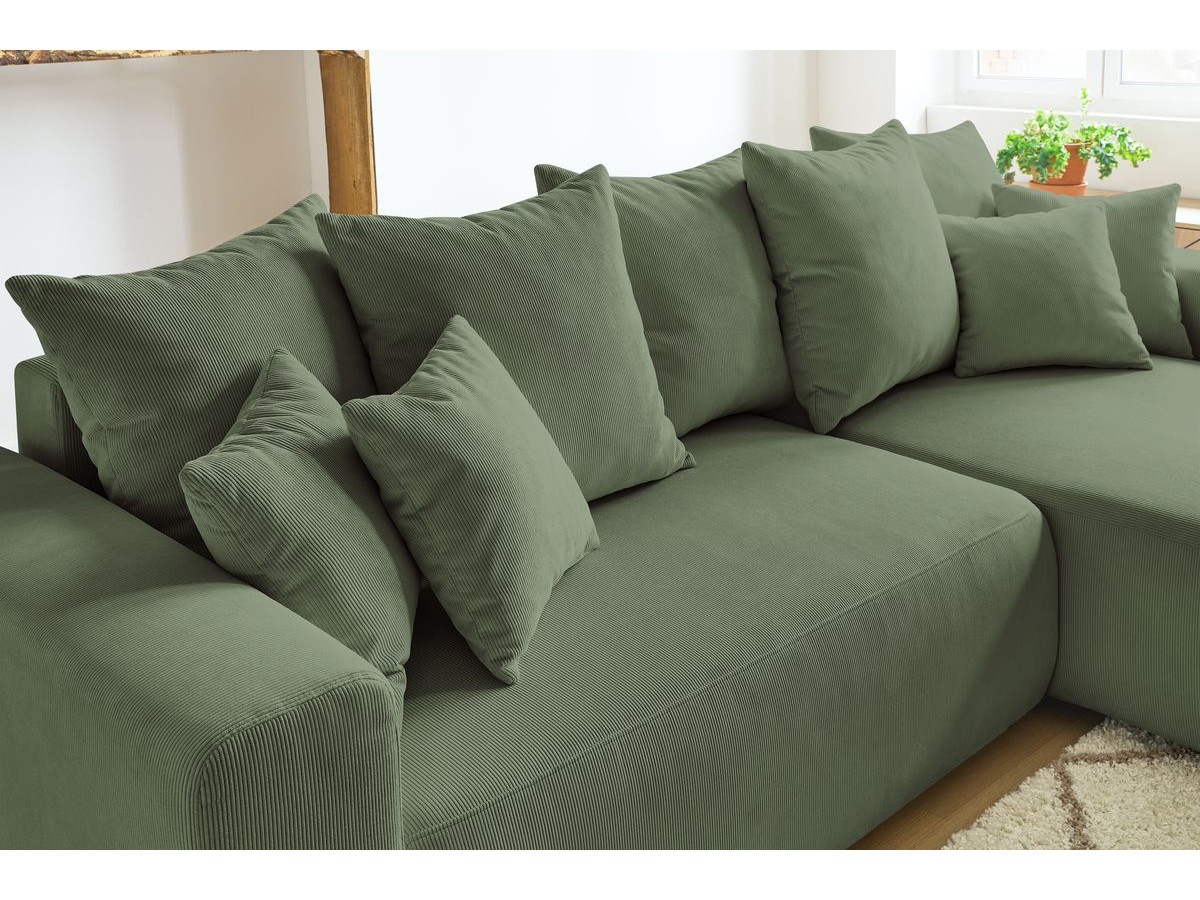 Bobochic Envy Ecksofa mit Schlaffunktion und Bettkasten und Pouf Cordsamt Grün