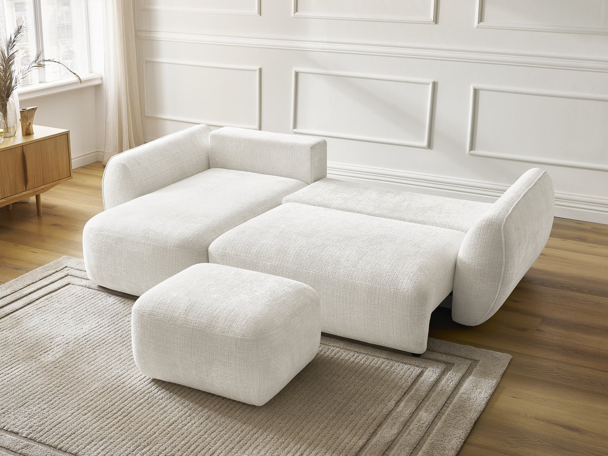 Bobochic Denise Ecksofa mit Schlaffunktion und Bettkasten und Pouf 258 × 160 cm Strukturstoff Weiß Ecke links