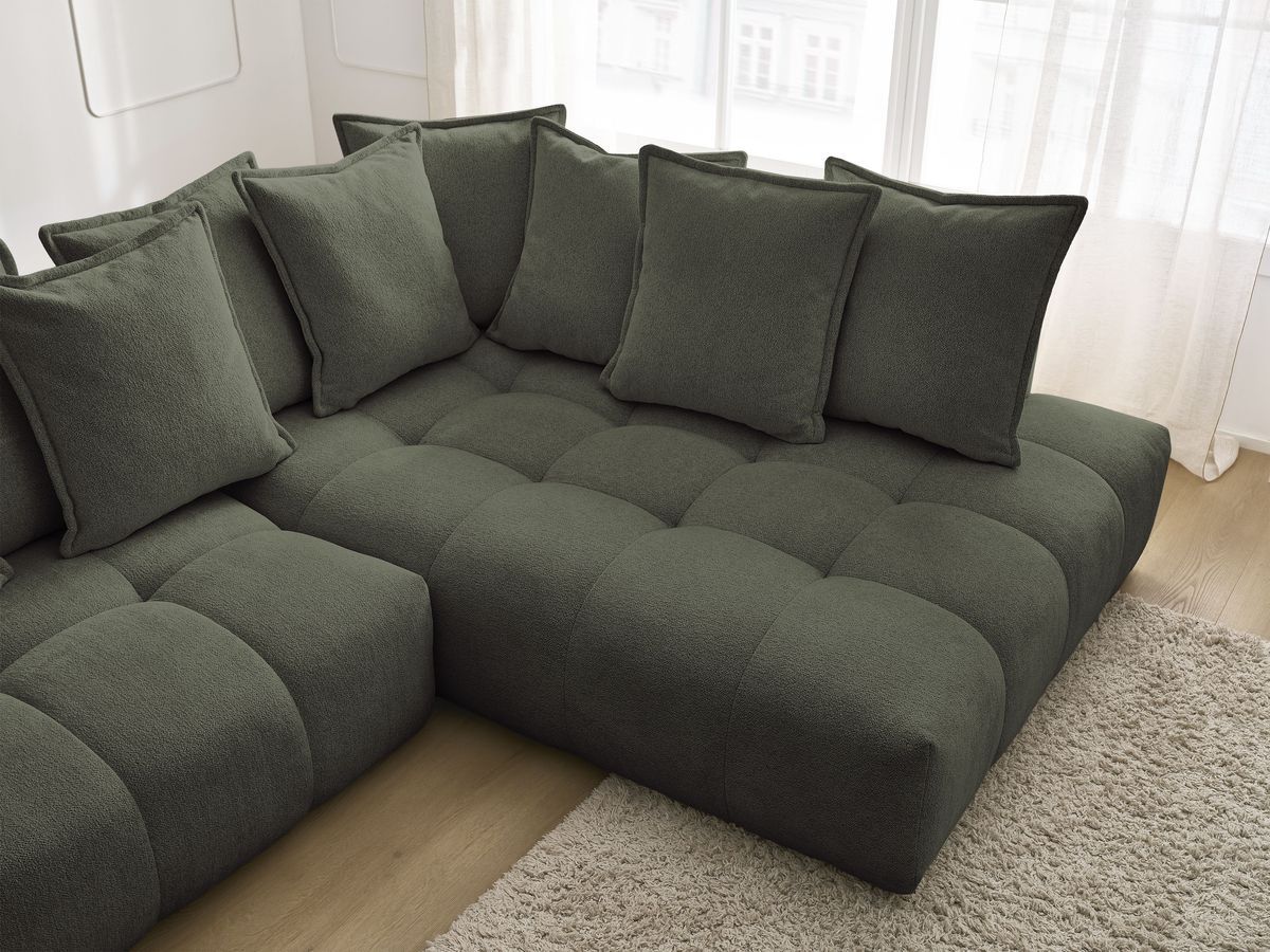 Bobochic Everest Ecksofa mit Schlaffunktion und Bettkasten 320 × 212 cm, 10 Kissen Melange-Stoff Grün Ecke rechts