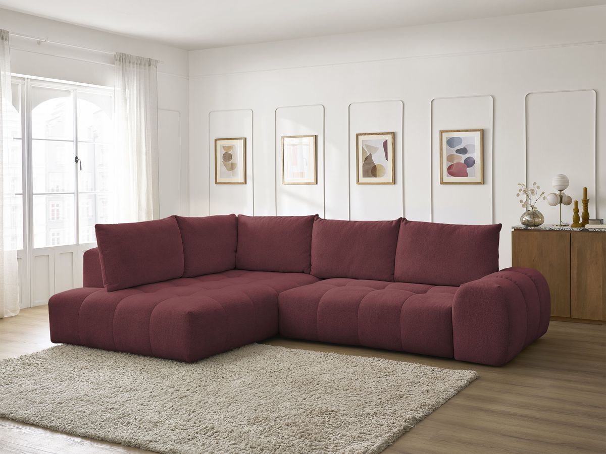 Bobochic Everest Ecksofa mit Schlaffunktion und Bettkasten 320 × 212 cm, 5 Kissen Melange-Stoff Rot Ecke links