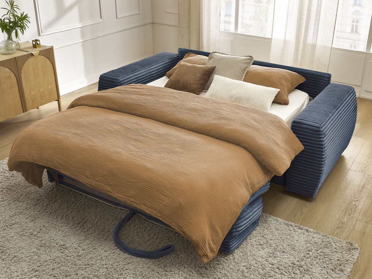 Bobochic Hugo Schlafsofa 3-Sitzer Cordsamt Dunkelblau, Liegefläche 140 × 190 cm