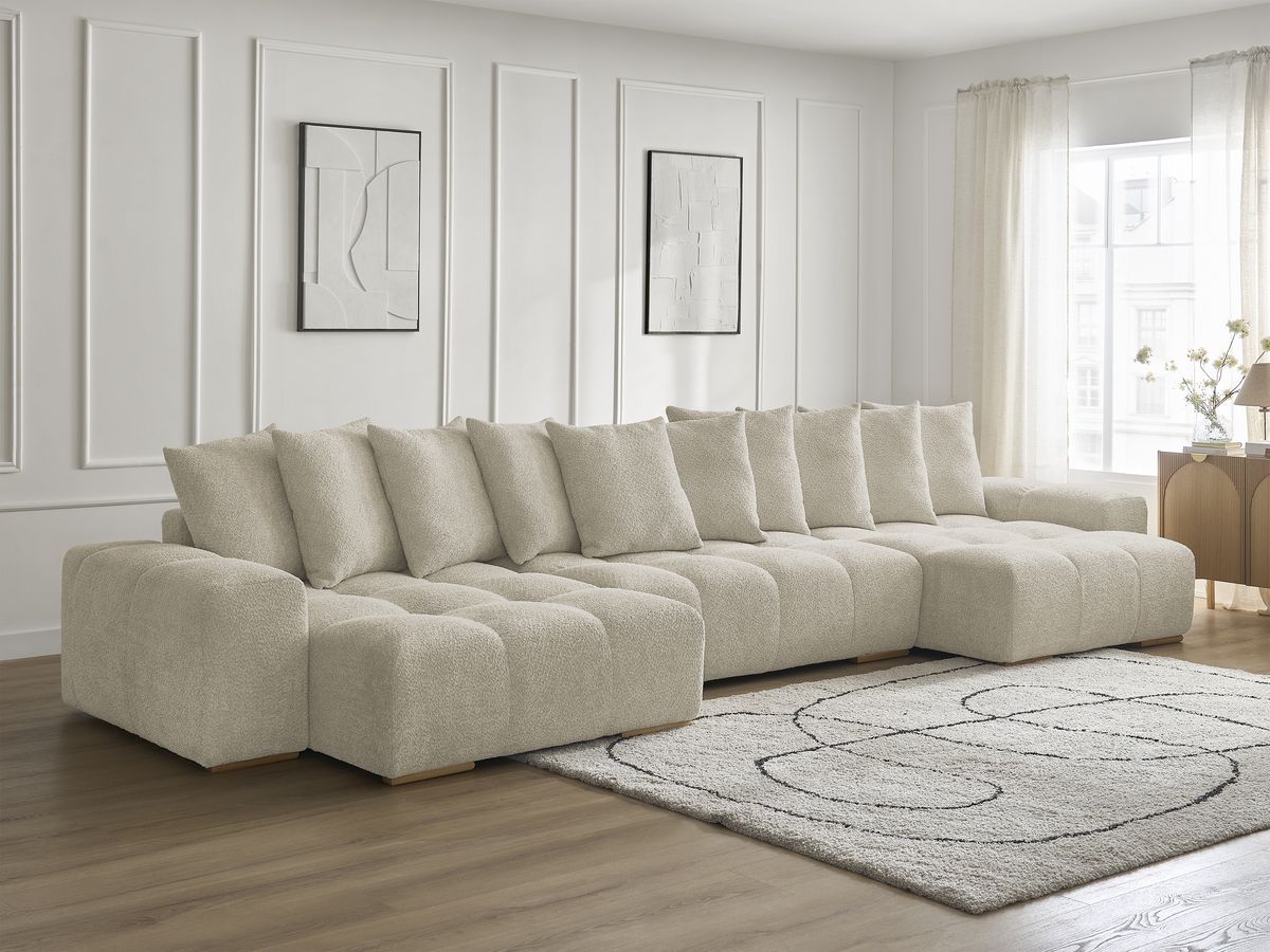 Bobochic Anakin Wohnlandschaft, Liegefläche 137 × 382 cm, 10 Kissen Bouclé-Stoff Beige