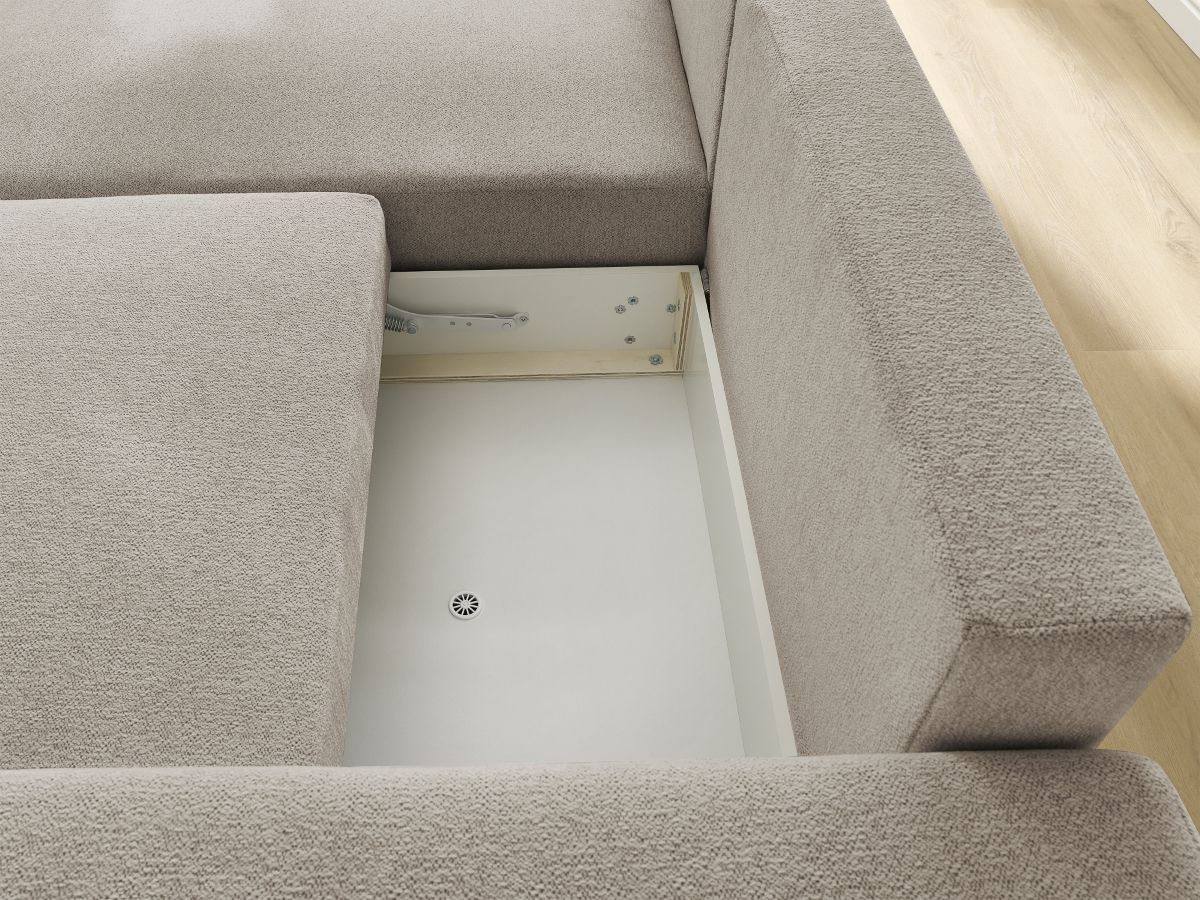 Bobochic Atilla Ecksofa mit Schlaffunktion und Bettkasten Melange-Stoff Taupe Ecke links