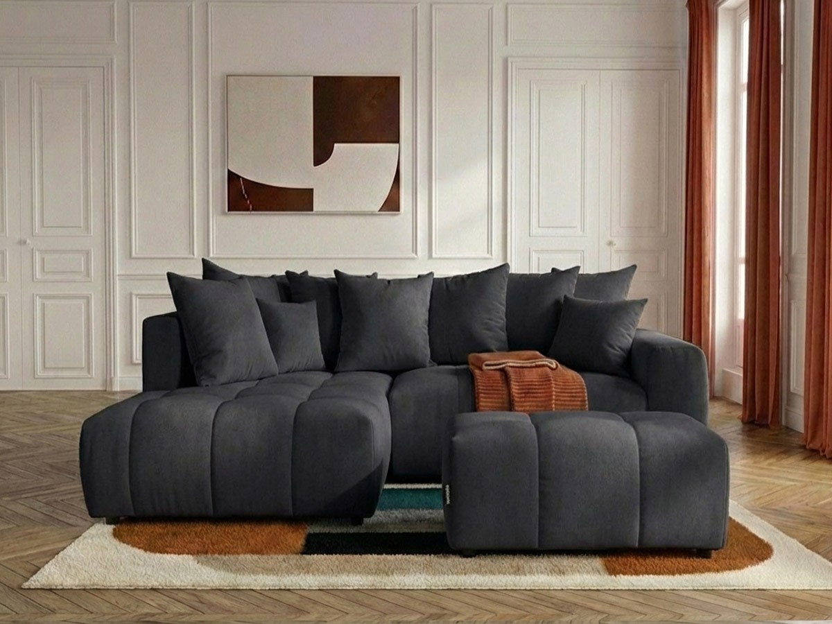 Bobochic Roxelane Ecksofa mit Schlaffunktion und Bettkasten und Pouf Melange-Stoff Dunkelgrau Ecke links