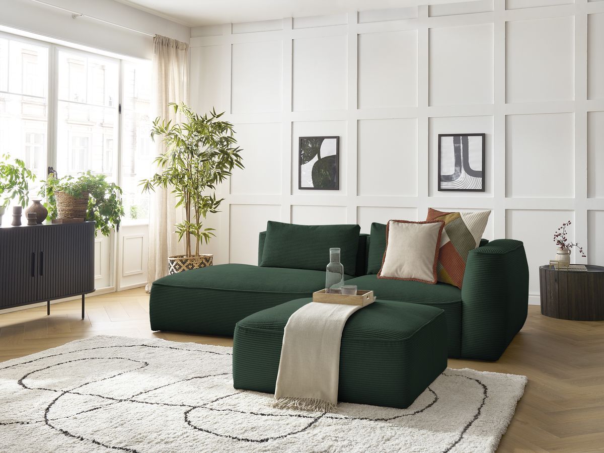 Bobochic Leopold Sofa 4-Sitzer mit Pouf Cordsamt Dunkelgrün Armlehne rechts