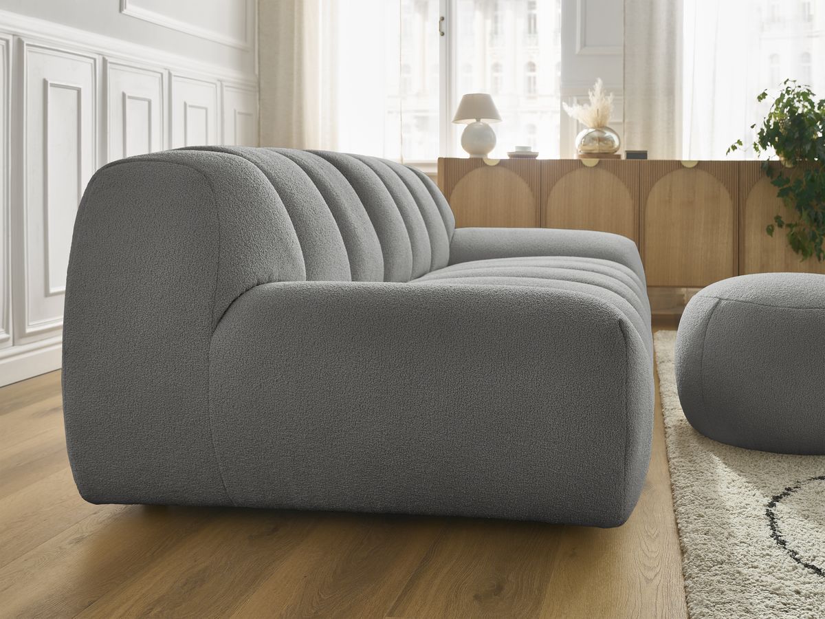 Bobochic Hayden Sofa 3-Sitzer mit Pouf 226 × 107 cm Bouclé-Stoff Dunkelgrau