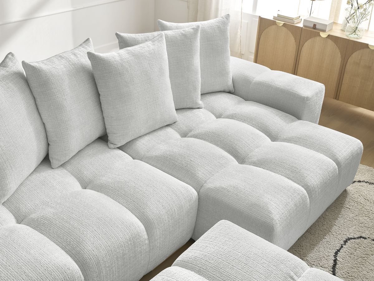 Bobochic Anakin Ecksofa mit Schlaffunktion und Bettkasten und Pouf, 6 Kissen Strukturstoff Hellgrau