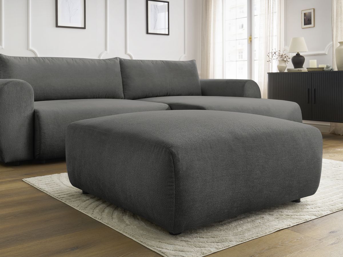 Bobochic Lucien Ecksofa mit Schlaffunktion und Bettkasten und Pouf 314 × 167 cm Stoff Dunkelgrau Ecke rechts