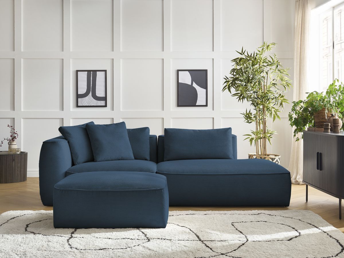 Bobochic Leopold Sofa 4-Sitzer mit Pouf Cordsamt Dunkelblau Armlehne links
