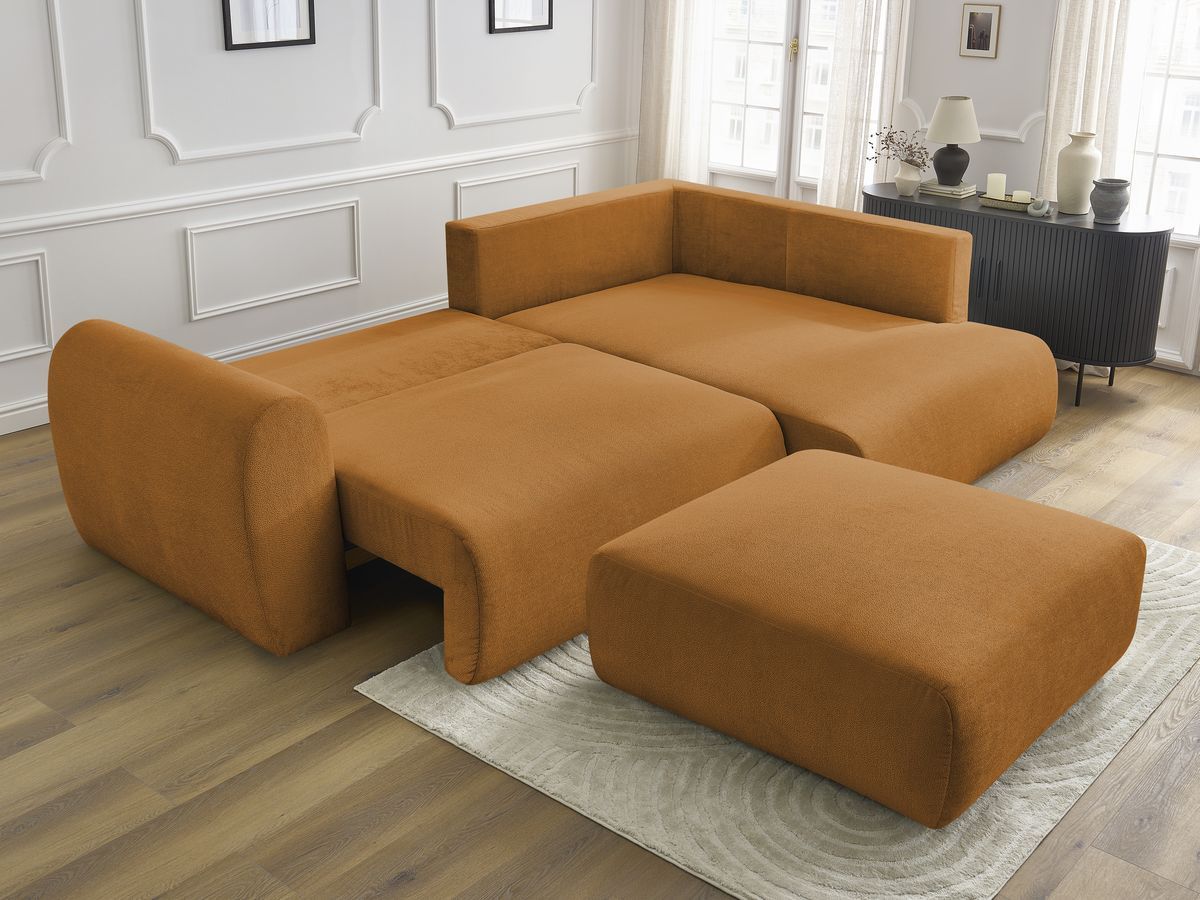Bobochic Lucien Ecksofa mit Schlaffunktion und Bettkasten und Pouf 296 × 198 cm Stoff Gelb Ecke rechts