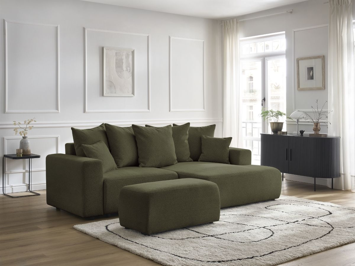 Bobochic Atilla Ecksofa mit Schlaffunktion und Bettkasten und Pouf Melange-Stoff Grün Ecke rechts