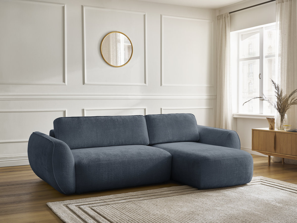 Bobochic Denise Ecksofa mit Schlaffunktion und Bettkasten 258 × 160 cm Strukturstoff Dunkelblau Ecke rechts