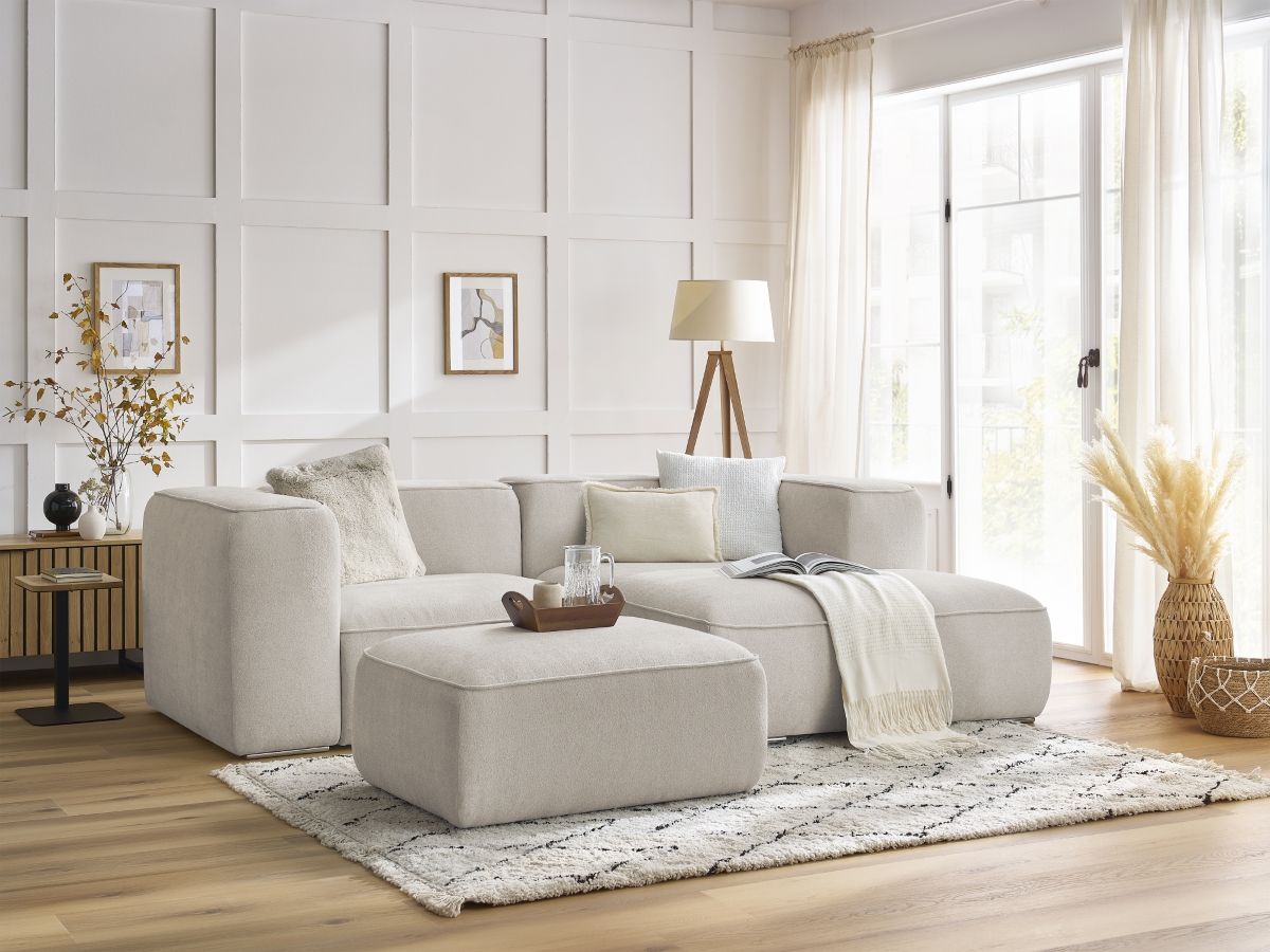 Bobochic Zephyr Ecksofa mit Pouf 260 × 165 cm Strukturstoff Beige Ecke rechts