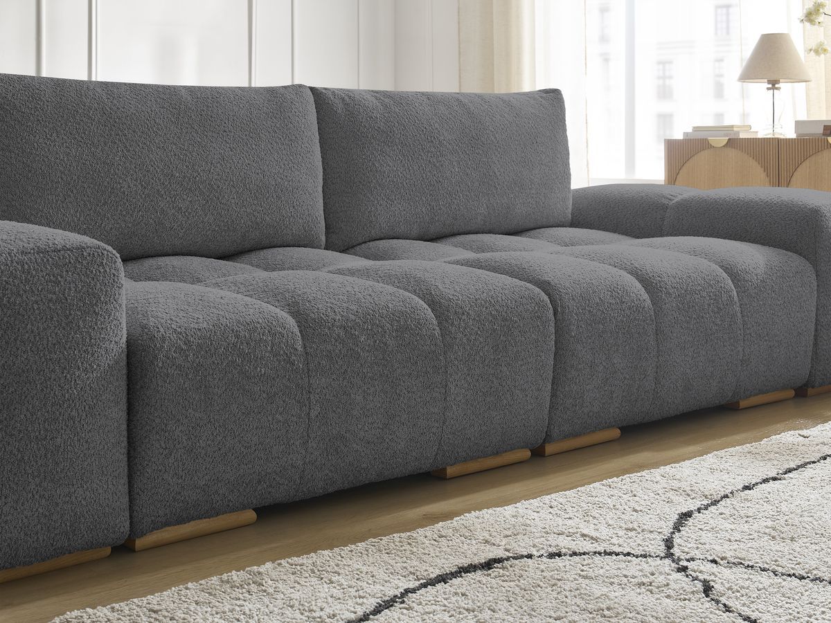 Bobochic Anakin Schlafsofa 3-Sitzer mit Bettkasten und Pouf, 2 Kissen Bouclé-Stoff Dunkelgrau