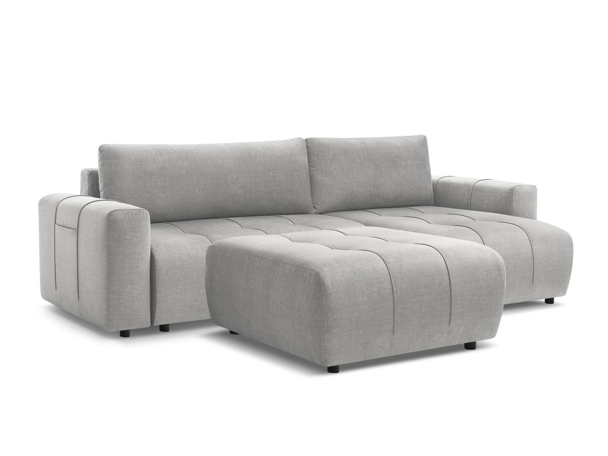 Bobochic Arsene Ecksofa mit Schlaffunktion und Bettkasten und Pouf 288 × 148 cm Samt Hellgrau