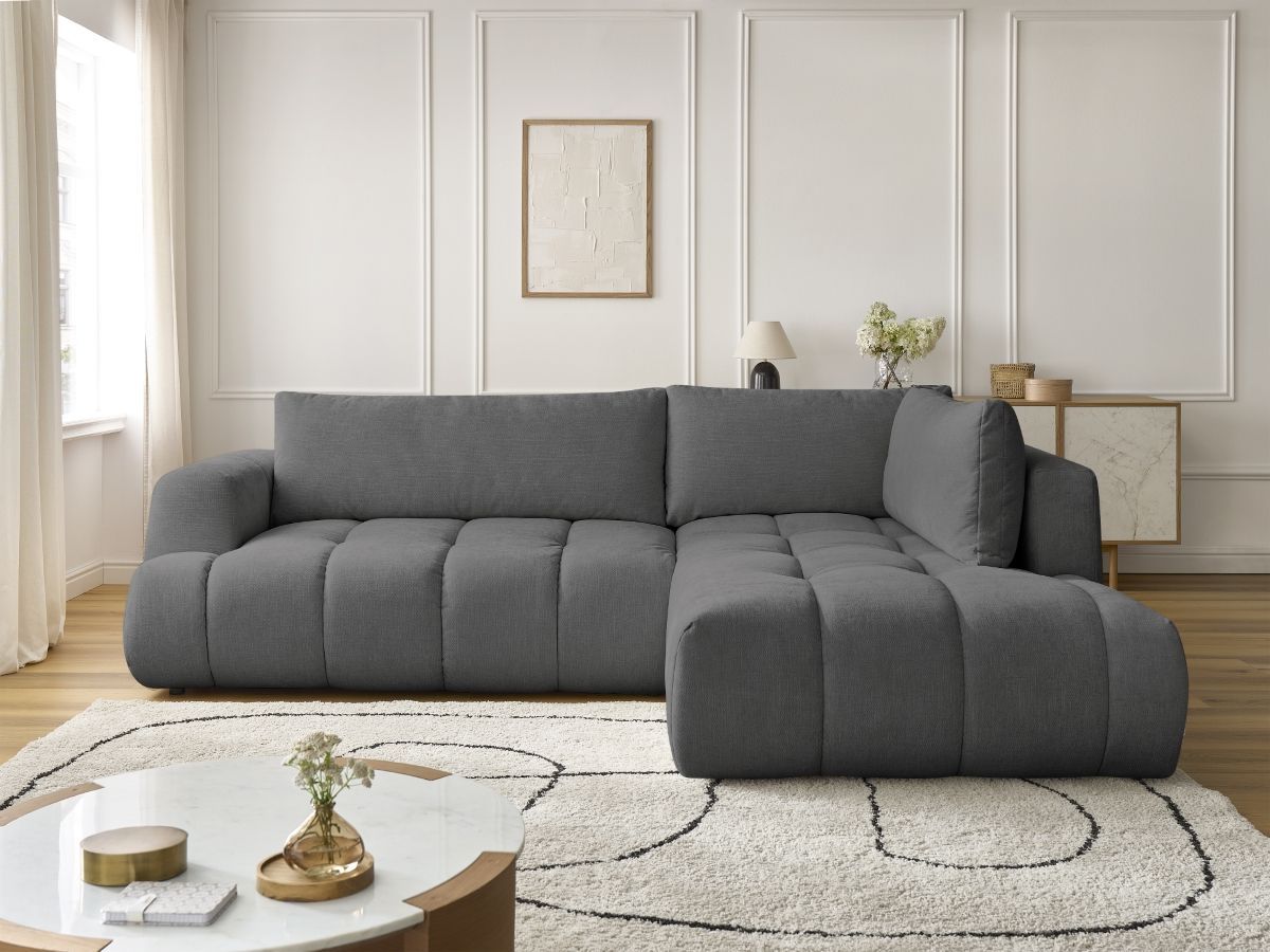 Bobochic Fuji Ecksofa mit Schlaffunktion und Bettkasten 282 × 204 cm Stoff Dunkelgrau Ecke rechts