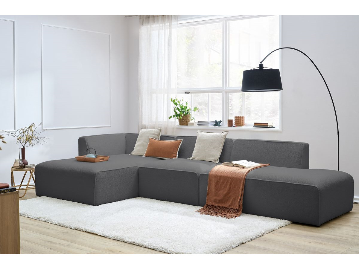 Bobochic Megeve Ecksofa mit Pouf Bouclé-Stoff Dunkelgrau Ecke links