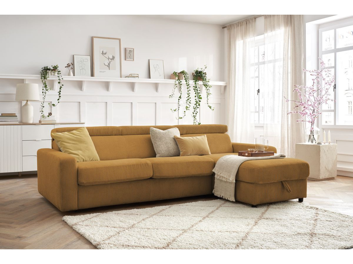 Bobochic Monaco Ecksofa mit Schlaffunktion und Bettkasten Cordsamt Gelb, Liegefläche 140 × 190 cm